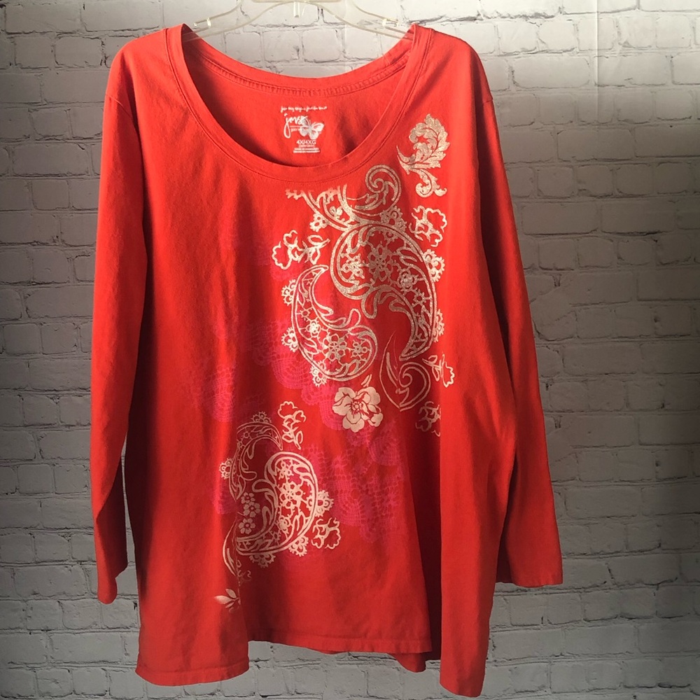 Plus-Size Hanes Just My Size Orange Long Sleeve Shirt with Glitter Florals. 4X